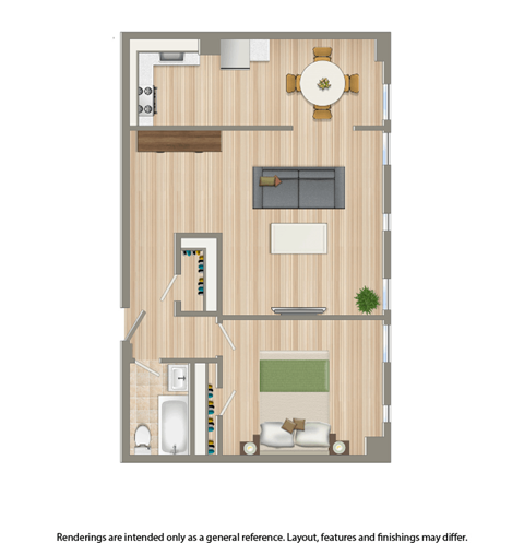 Floor plan for 1 bed, 1 bath, 690 sqft